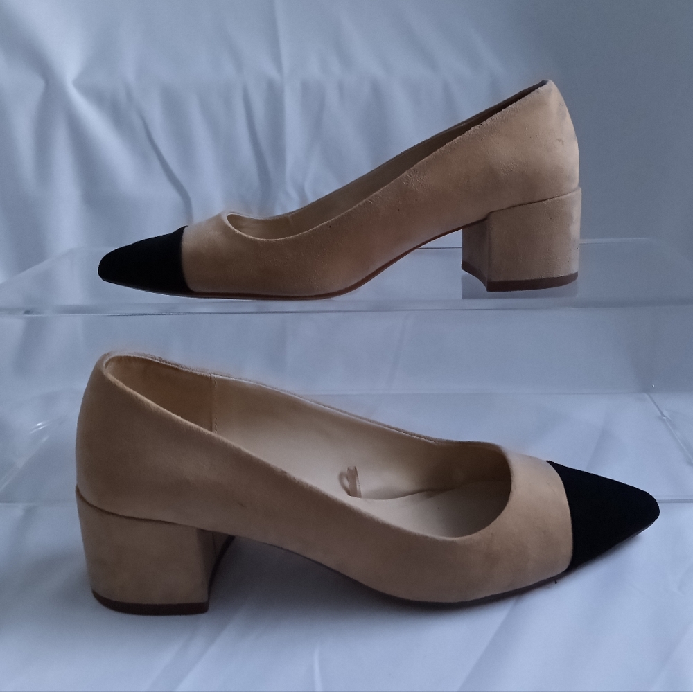 Zara Two-tone Microsued Block Heel Shoes In Tan and Black - Picture 7 of 10